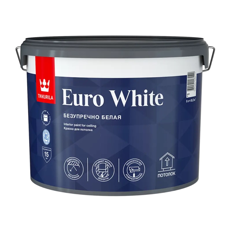 Краска для потолка Tikkurila Euro White белая глубокоматовая (9 л)