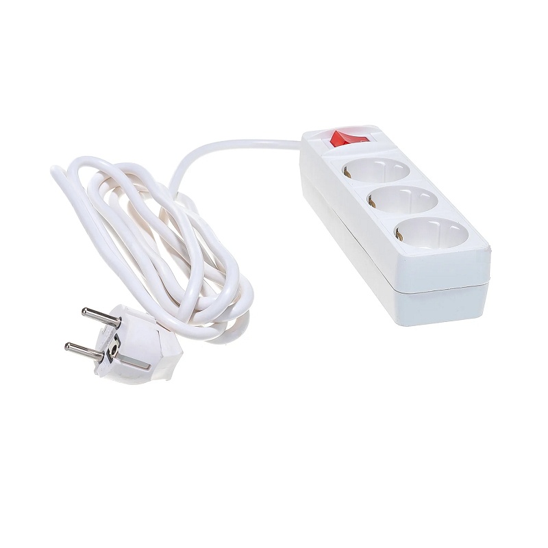 Удлинитель бытовой 481S-7303, 3 гнезда, ПВС, 2200 Вт, с/з и выключателем, 3 м, белый