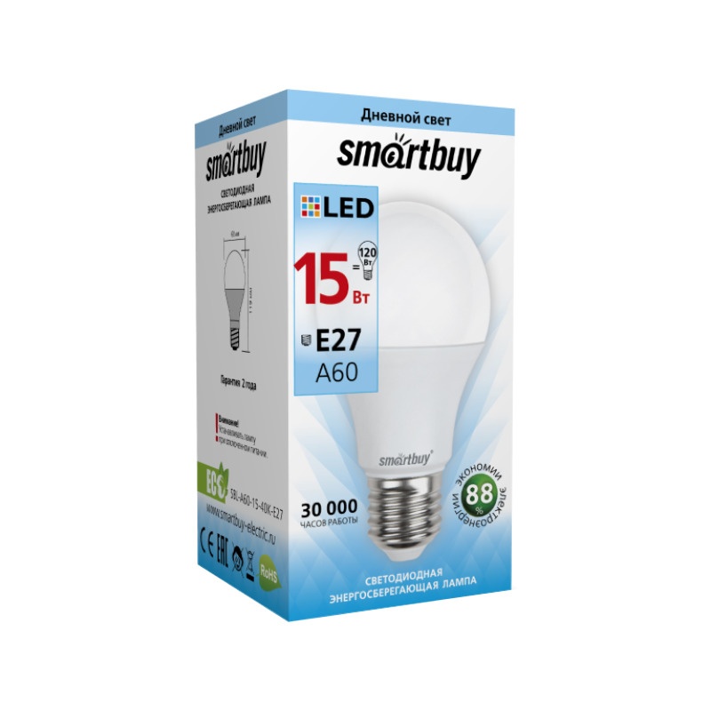 Лампа светодиодная Smartbuy LED E27, груша, 15Вт, 230В, 4000К, нейтральный свет