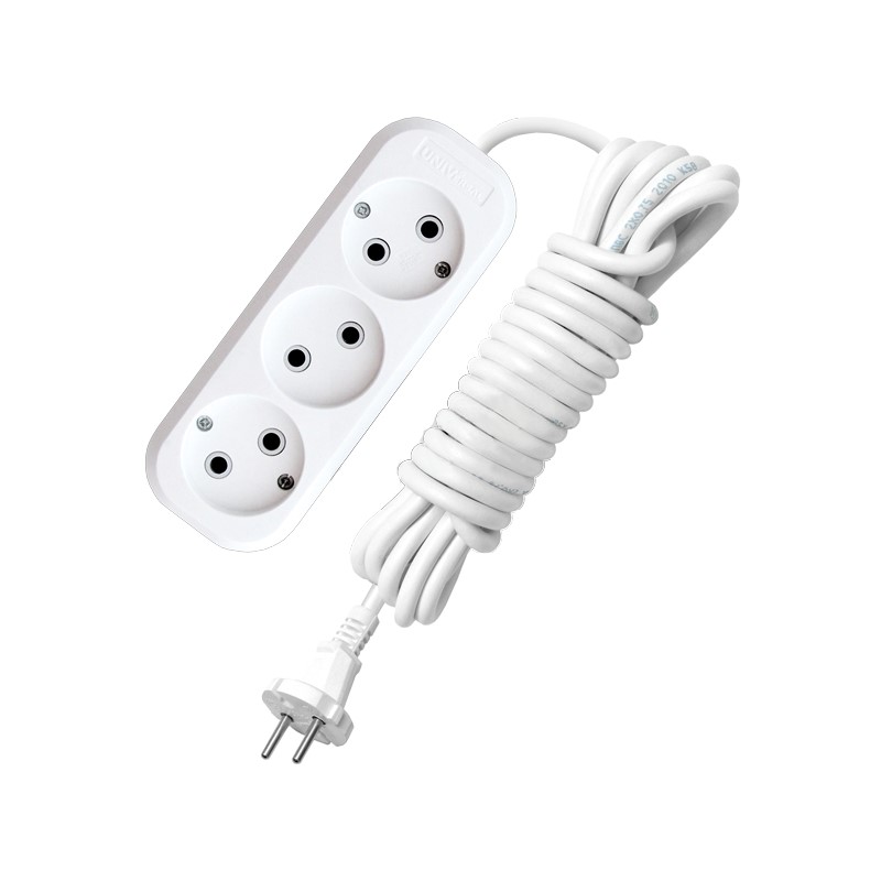 Удлинитель бытовой 9631965, 3 гнезда, ПВС 2х0,75, 2300 Вт, б/з, 5 м, белый