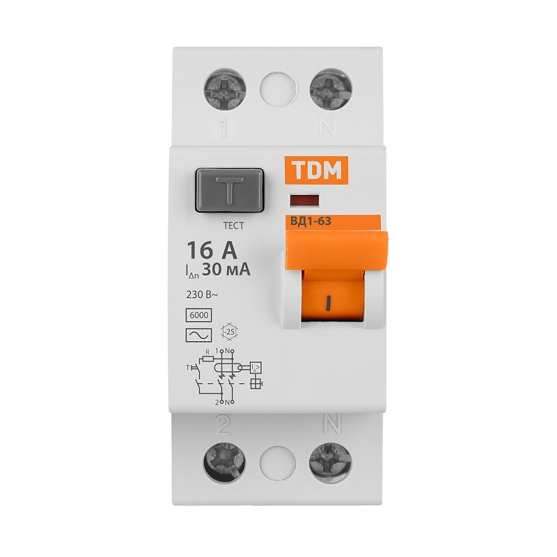Устройство защитного отключения TDM ВД1-63, 16А, 30мА, тип АС, 2П