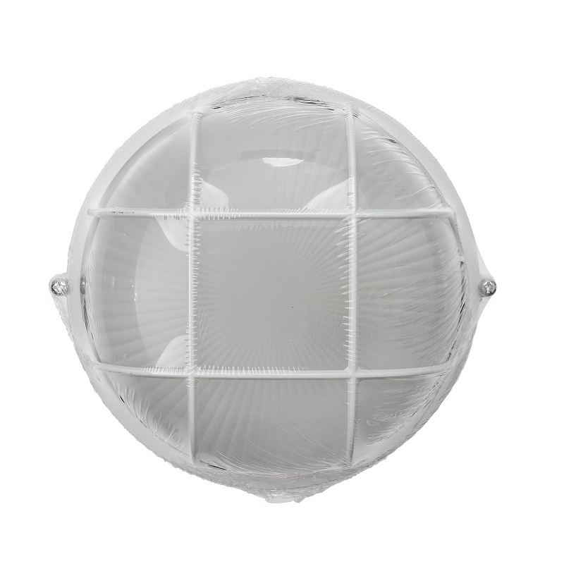 Светильник НПБ под Е27, 60 Вт, круг с решеткой, белый металл+стекло, IP54