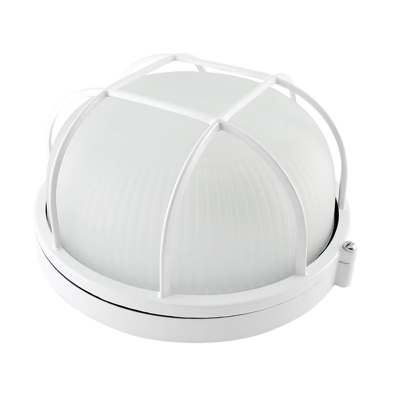 Светильник НПБ под Е27, 60Вт, 230В, IP54, круг, белый, металл+стекло с решёткой