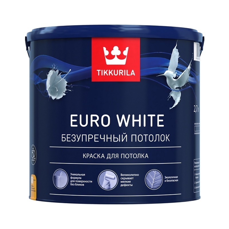 Краска для потолка Tikkurila Euro White белая глубокоматовая (2,7 л)