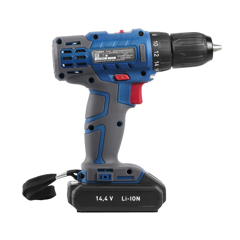 Дрель-шуруповерт Trigger 20102, 2 аккумулятора Li-ion (1,5Ач), 14,4V, 10 мм, 35 Нм, слайдер, кейс